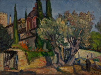 Docheiariou Monastery with Young Monk — Oil painting, Canvas, 45.00×60.00cm — Theodoros Markellos